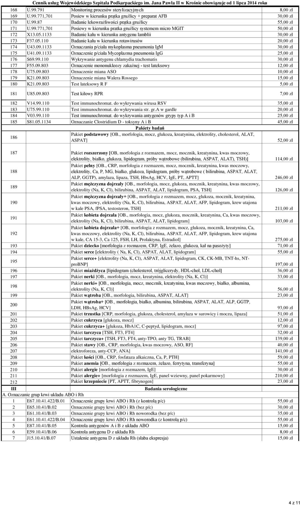 09.1133 Oznaczania p/ciała mykoplasma pneumonia IgM 30,00 zł 175 U41.09.1133 Oznaczenie p/ciała Mycoplazma pneumonia IgG 25,00 zł 176 S69.99.