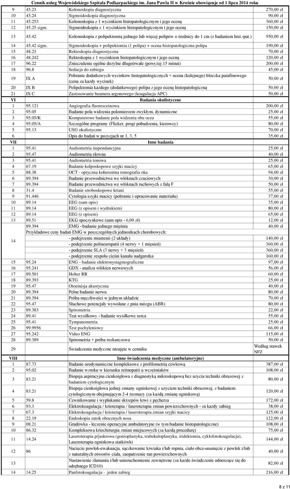 42 sigm. Sigmoidoskopia + polipektomia (1 polipa) + ocena histopatologiczna polipa 190,00 zł 15 48.23 Rektoskopia diagnostyczna 70,00 zł 16 48.