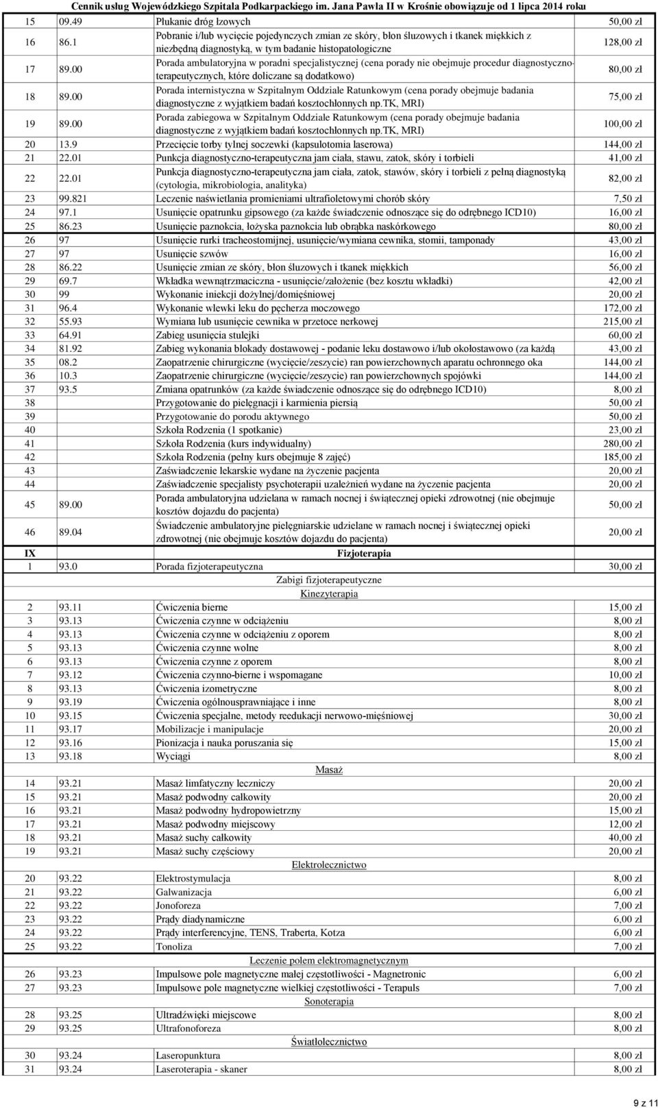 00 Porada ambulatoryjna w poradni specjalistycznej (cena porady nie obejmuje procedur diagnostycznoterapeutycznych, które doliczane są dodatkowo) 80,00 zł 18 89.