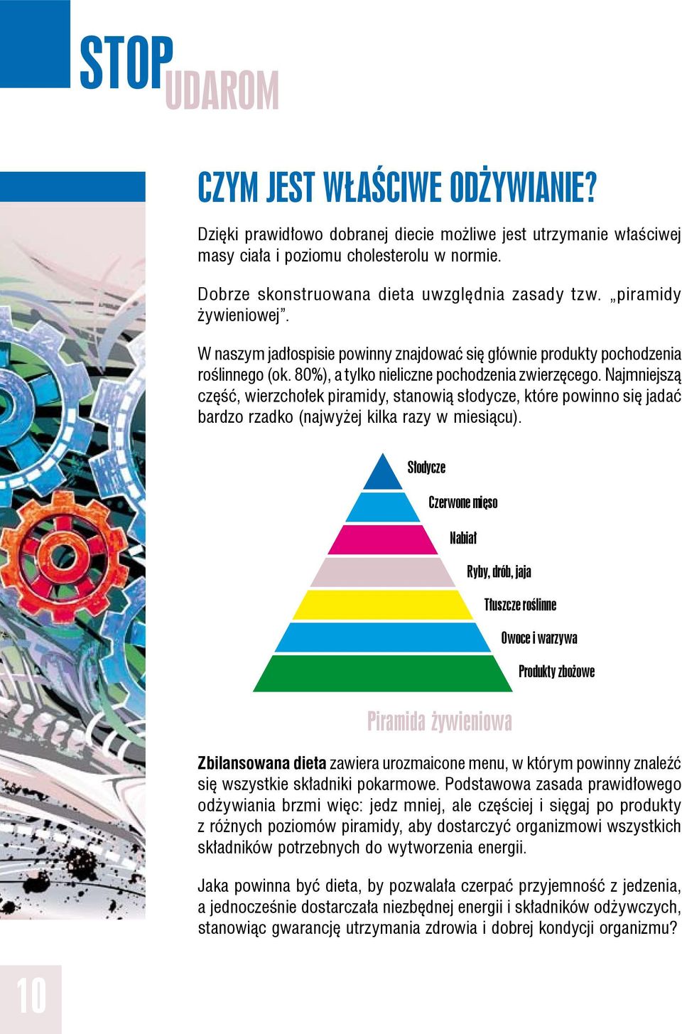 80%), a tylko nieliczne pochodzenia zwierzęcego. Najmniejszą część, wierzchołek piramidy, stanowią słodycze, które powinno się jadać bardzo rzadko (najwyżej kilka razy w miesiącu).