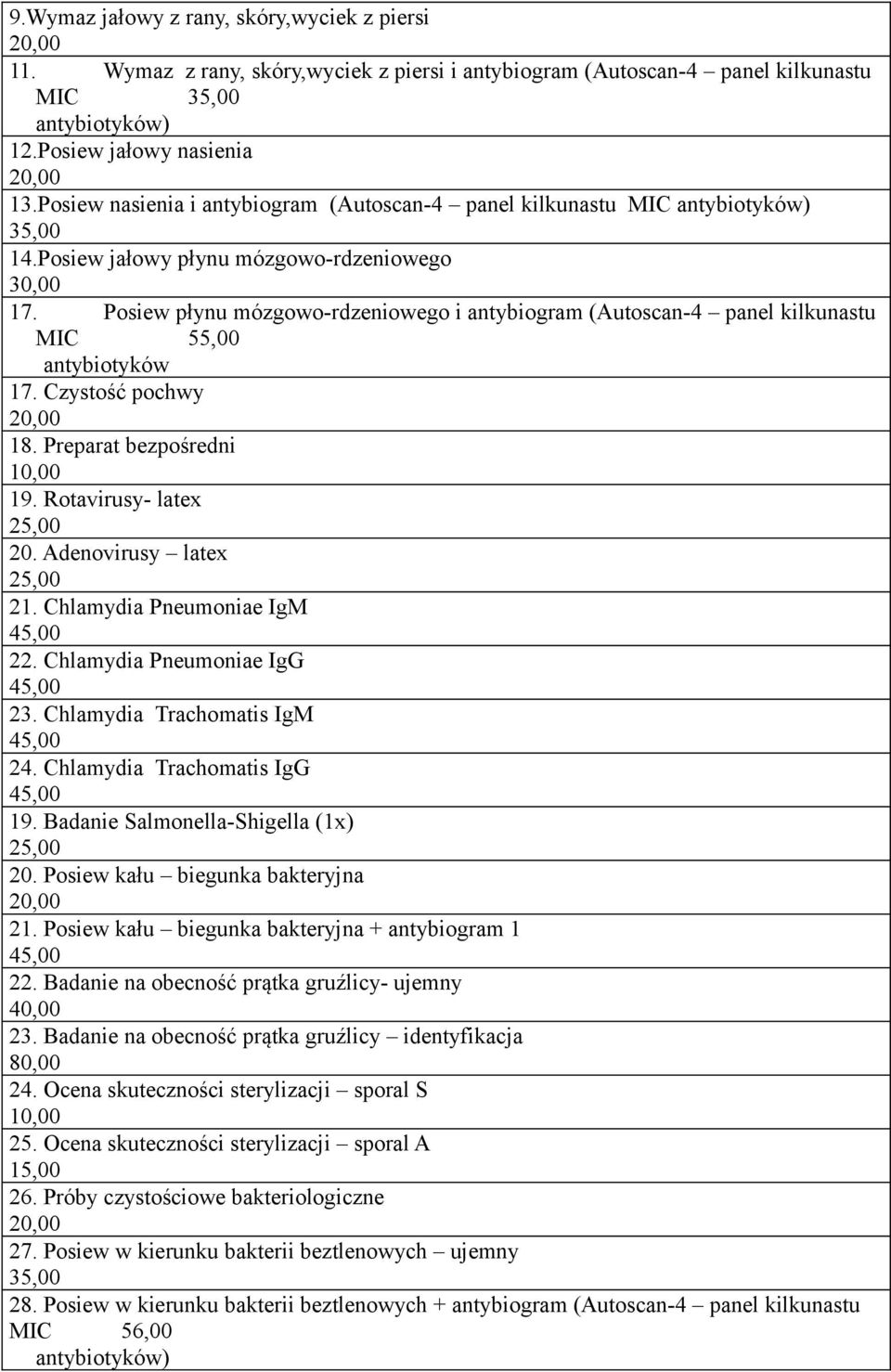 Posiew płynu mózgowo-rdzeniowego i antybiogram (Autoscan-4 panel kilkunastu MIC 55,00 antybiotyków 17. Czystość pochwy 18. Preparat bezpośredni 10,00 19. Rotavirusy- latex 20. Adenovirusy latex 21.