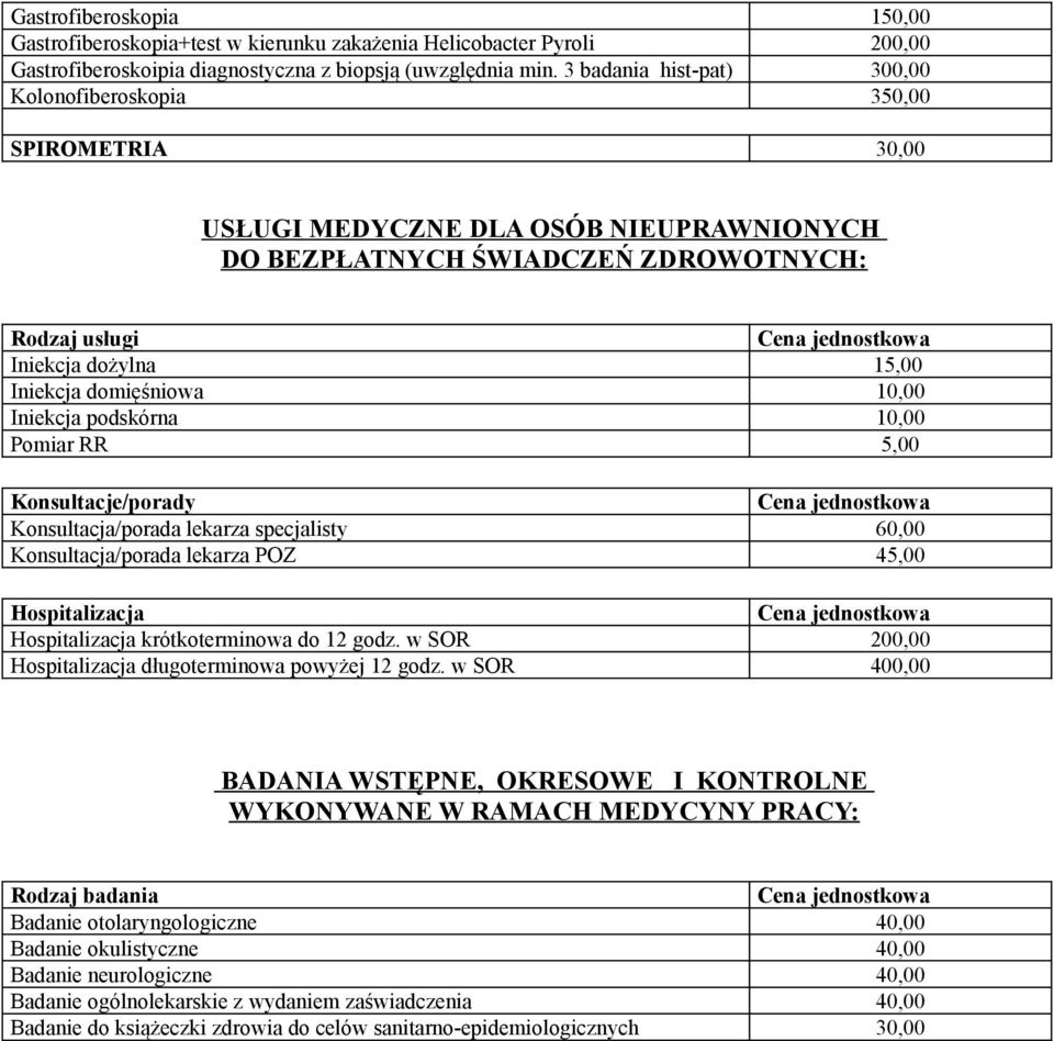 Iniekcja domięśniowa 10,00 Iniekcja podskórna 10,00 Pomiar RR 5,00 Konsultacje/porady Cena jednostkowa Konsultacja/porada lekarza specjalisty 60,00 Konsultacja/porada lekarza POZ Hospitalizacja Cena