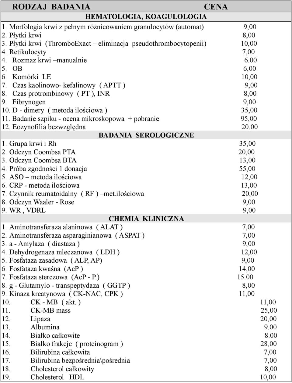 Czas protrombinowy ( PT ), INR 8,00 9. Fibrynogen 9,00 10. D - dimery ( metoda ilościowa ) 11. Badanie szpiku - ocena mikroskopowa + pobranie 95,00 12. Eozynofilia bezwzględna 20.