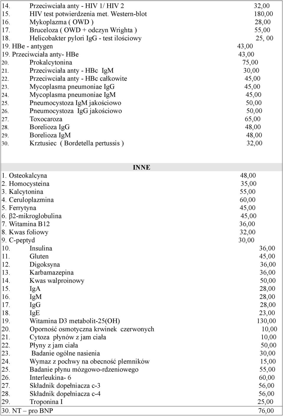 Przeciwciała anty - HBc całkowite 23. Mycoplasma pneumoniae IgG 24. Mycoplasma pneumoniae IgM 25. Pneumocystoza IgM jakościowo 50,00 26. Pneumocystoza IgG jakościowo 50,00 27. Toxocaroza 65,00 28.