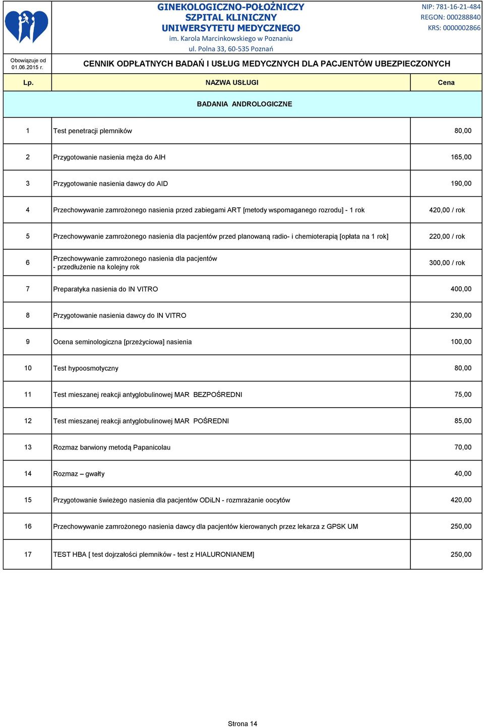 zamrożonego nasienia dla pacjentów - przedłużenie na kolejny rok 300,00 / rok 7 Preparatyka nasienia do IN VITRO 400,00 8 Przygotowanie nasienia dawcy do IN VITRO 230,00 9 Ocena seminologiczna