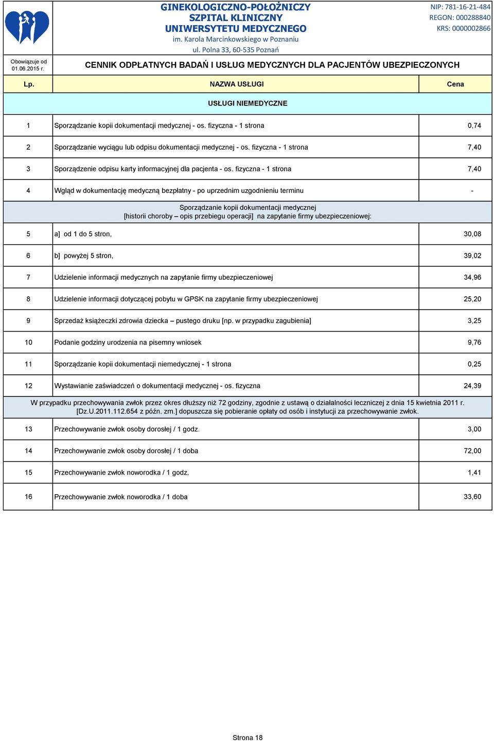 fizyczna - 1 strona 7,40 4 Wgląd w dokumentację medyczną bezpłatny - po uprzednim uzgodnieniu terminu - Sporządzanie kopii dokumentacji medycznej [historii choroby opis przebiegu operacji] na