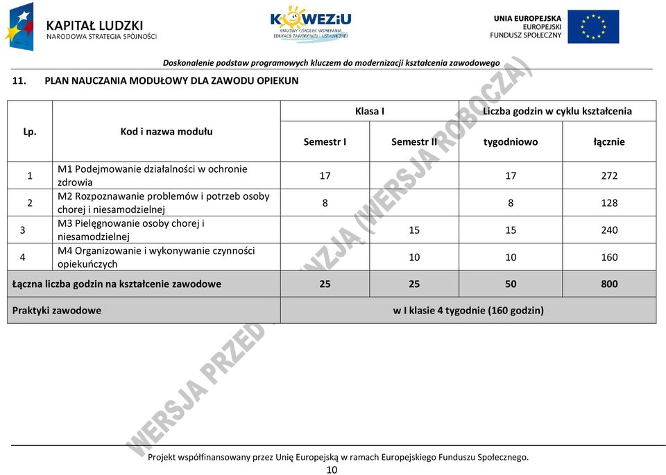 problemów i potrzeb osoby chorej i niesamodzielnej M3 ielęgnowanie osoby chorej i niesamodzielnej M4 Organizowanie i wykonywanie czynności opiekuńczych 17 17 272 8 8 128 15