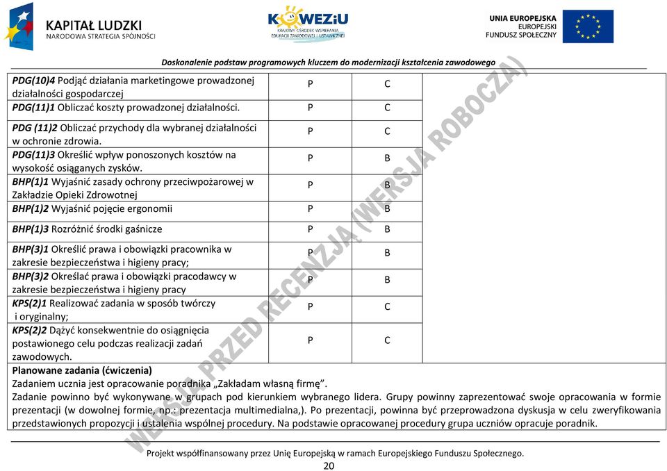 H(1)1 Wyjaśnić zasady ochrony przeciwpożarowej w Zakładzie Opieki Zdrowotnej H(1)2 Wyjaśnić pojęcie ergonomii H(1)3 Rozróżnić środki gaśnicze H(3)1 Określić prawa i obowiązki pracownika w zakresie