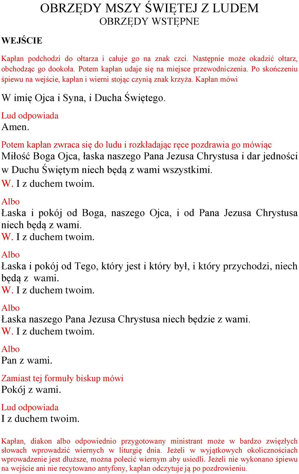 Potem kapłan zwraca się do ludu i rozkładając ręce pozdrawia go mówiąc Miłość Boga Ojca, łaska naszego Pana Jezusa Chrystusa i dar jedności w Duchu Świętym niech będą z wami wszystkimi.