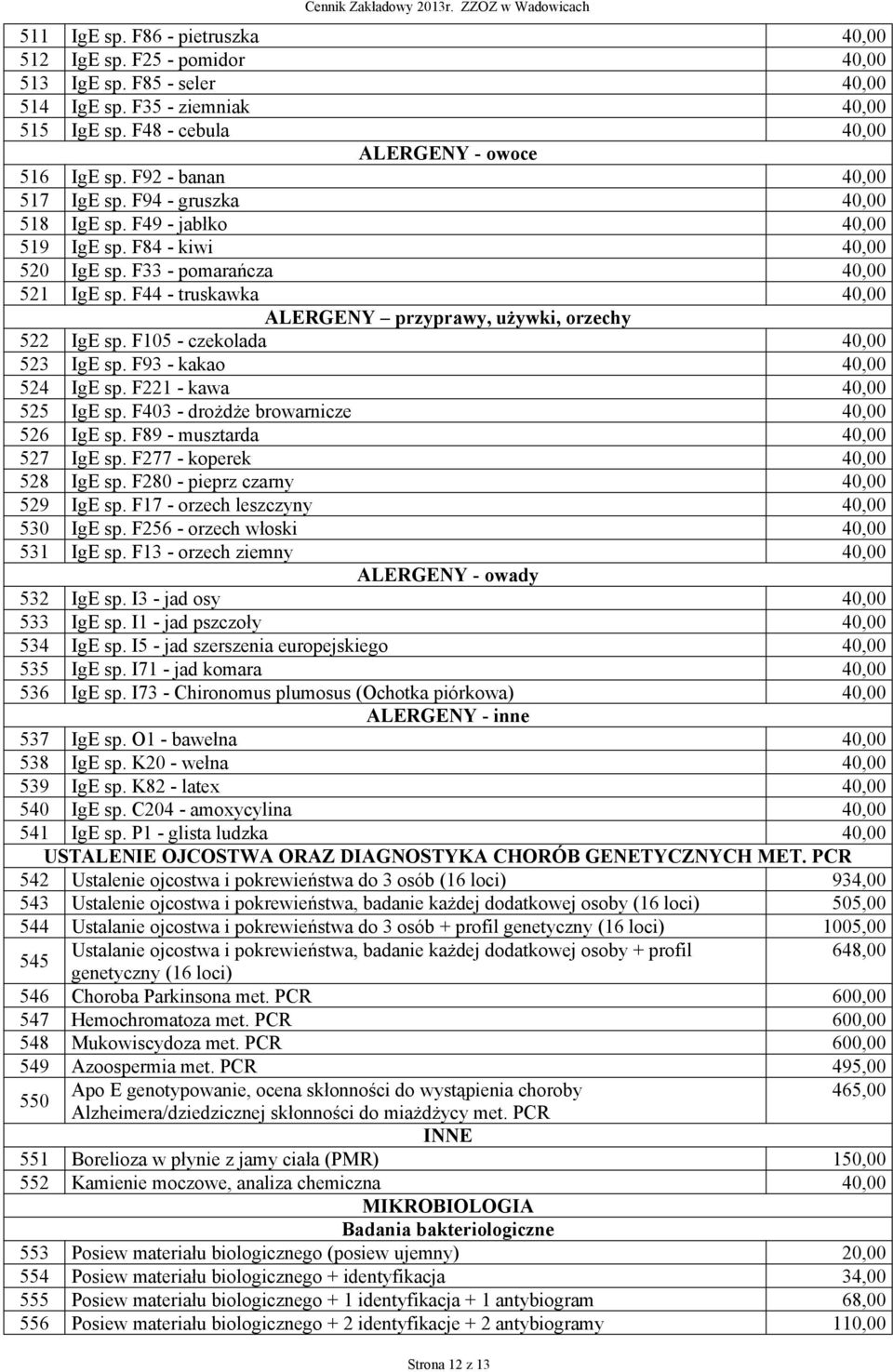 F44 - truskawka 40,00 ALERGENY przyprawy, używki, orzechy 522 IgE sp. F105 - czekolada 40,00 523 IgE sp. F93 - kakao 40,00 524 IgE sp. F221 - kawa 40,00 525 IgE sp.