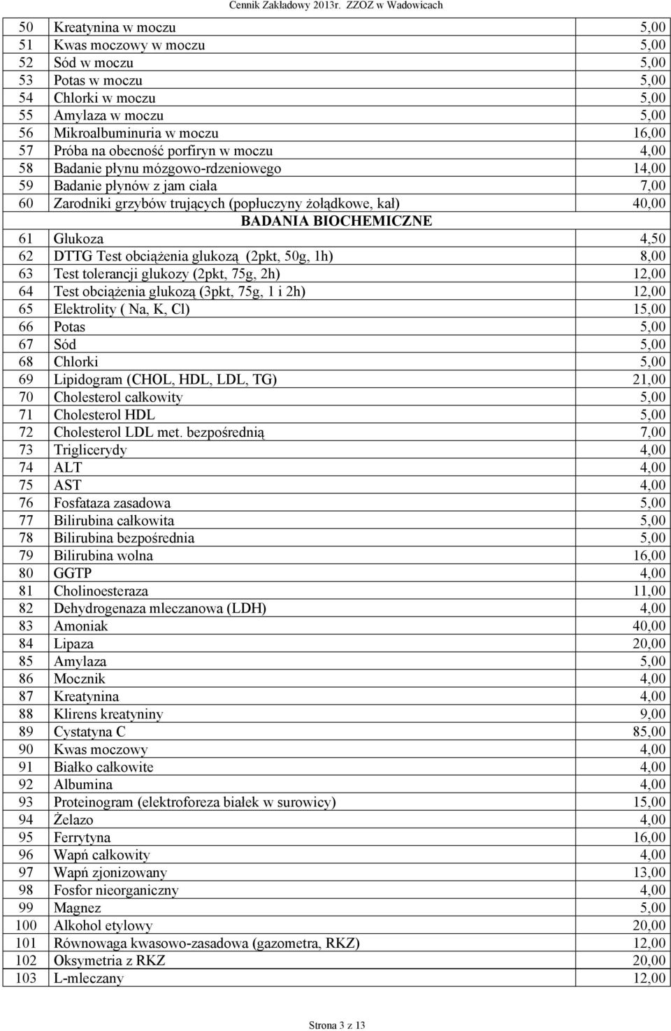 Glukoza 4,50 62 DTTG Test obciążenia glukozą (2pkt, 50g, 1h) 8,00 63 Test tolerancji glukozy (2pkt, 75g, 2h) 12,00 64 Test obciążenia glukozą (3pkt, 75g, 1 i 2h) 12,00 65 Elektrolity ( Na, K, Cl)