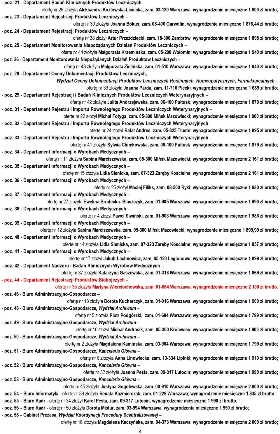 24 - Departament Rejestracji ofertę nr 38 złożył Artur Przeździecki, zam. 18-300 Zambrów; wynagrodzenie miesięczne 1 898 zł brutto; - poz.