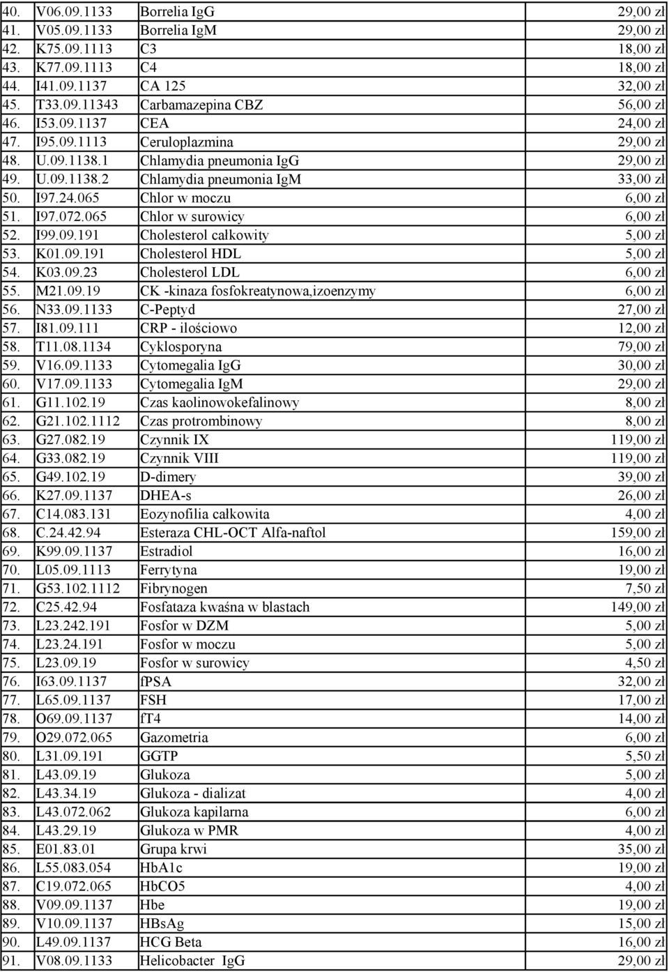 K01.09.191 Cholesterol HDL 54. K03.09.23 Cholesterol LDL 6,00 zł 55. M21.09.19 CK -kinaza fosfokreatynowa,izoenzymy 6,00 zł 56. N33.09.1133 C-Peptyd 2 57. I81.09.111 CRP - ilościowo 12,00 zł 58. T11.