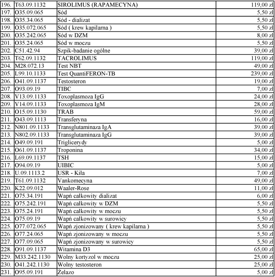 O93.09.19 TIBC 208. V13.09.1133 Toxoplasmoza IgG 24,00 zł 209. V14.09.1133 Toxoplasmoza IgM 2 210. O15.09.1130 TRAB 59,00 zł 211. O43.09.1113 Transferyna 16,00 zł 212. N801.09.1133 Transglutaminaza IgA 213.