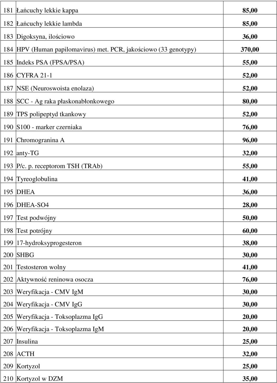 52,00 190 S100 - marker czerniaka 76,00 191 Chromogranina A 96,00 192 anty-tg 32,00 193 P/c. p.