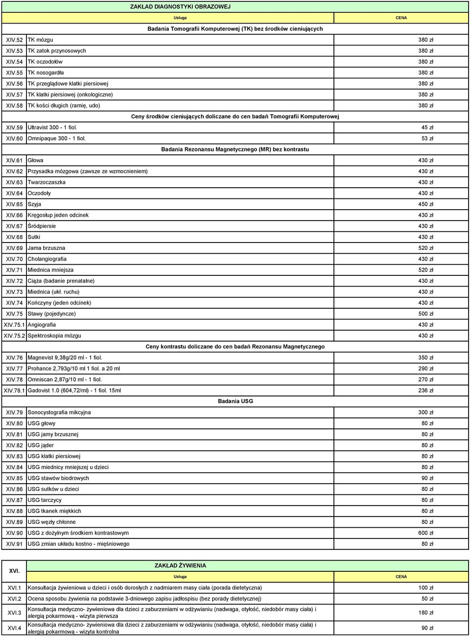 59 Ultravist 300 1 fiol. XIV.60 Omnipaque 300 1 fiol. Badania Rezonansu Magnetycznego (MR) bez kontrastu XIV.61 Głowa XIV.62 Przysadka mózgowa (zawsze ze wzmocnieniem) XIV.63 Twarzoczaszka XIV.