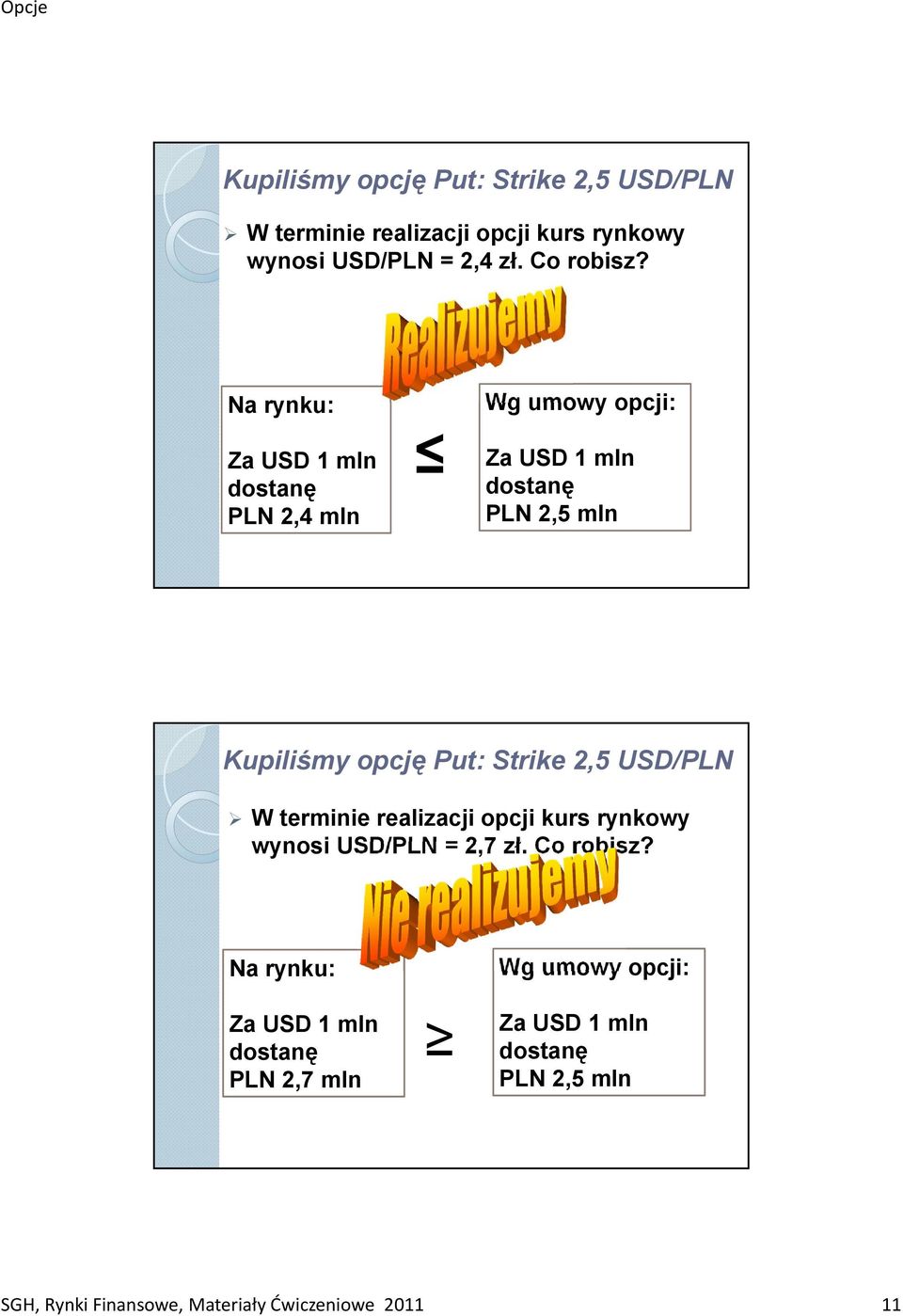 Strike 2,5 USD/PLN W terminie realizacji opcji kurs rynkowy wynosi USD/PLN = 2,7 zł. Co robisz?