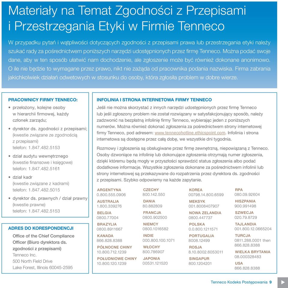 O ile nie będzie to wymagane przez prawo, nikt nie zażąda od pracownika podania nazwiska. Firma zabrania jakichkolwiek działań odwetowych w stosunku do osoby, która zgłosiła problem w dobre wierze.