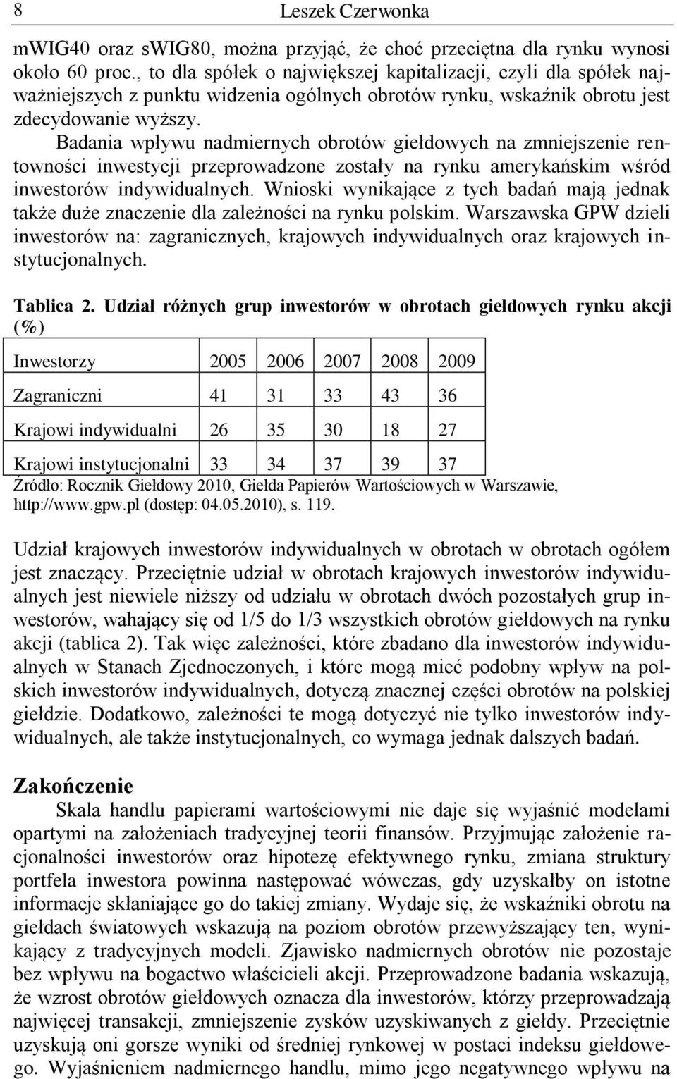 Badania wpływu nadmiernych obrotów giełdowych na zmniejszenie rentowności inwestycji przeprowadzone zostały na rynku amerykańskim wśród inwestorów indywidualnych.