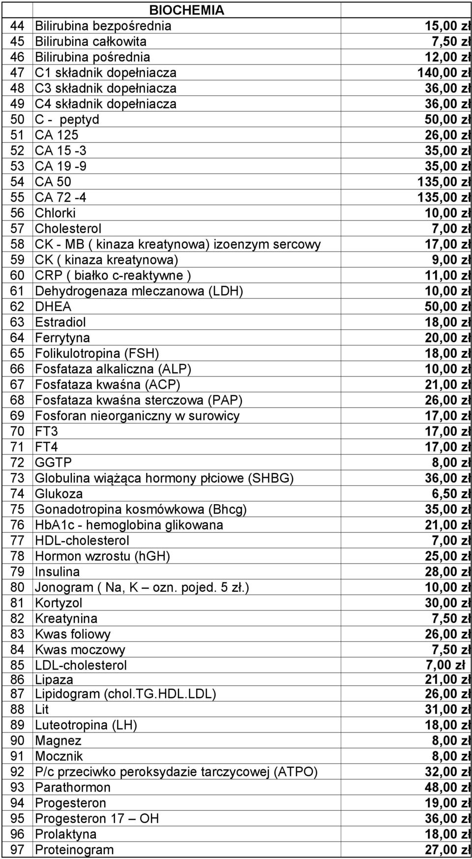 kinaza kreatynowa) izoenzym sercowy 17,00 zł 59 CK ( kinaza kreatynowa) 9,00 zł 60 CRP ( białko c-reaktywne ) 11,00 zł 61 Dehydrogenaza mleczanowa (LDH) 10,00 zł 62 DHEA 50,00 zł 63 Estradiol 18,00