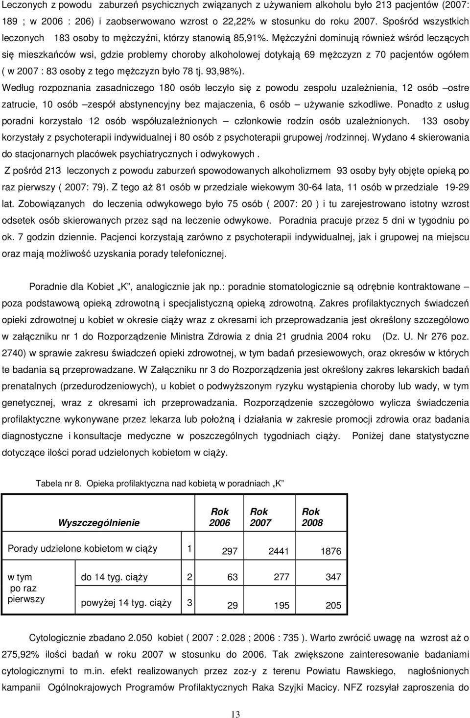 MęŜczyźni dominują równieŝ wśród leczących się mieszkańców wsi, gdzie problemy choroby alkoholowej dotykają 69 męŝczyzn z 70 pacjentów ogółem ( w 2007 : 83 osoby z tego męŝczyzn było 78 tj. 93,98%).