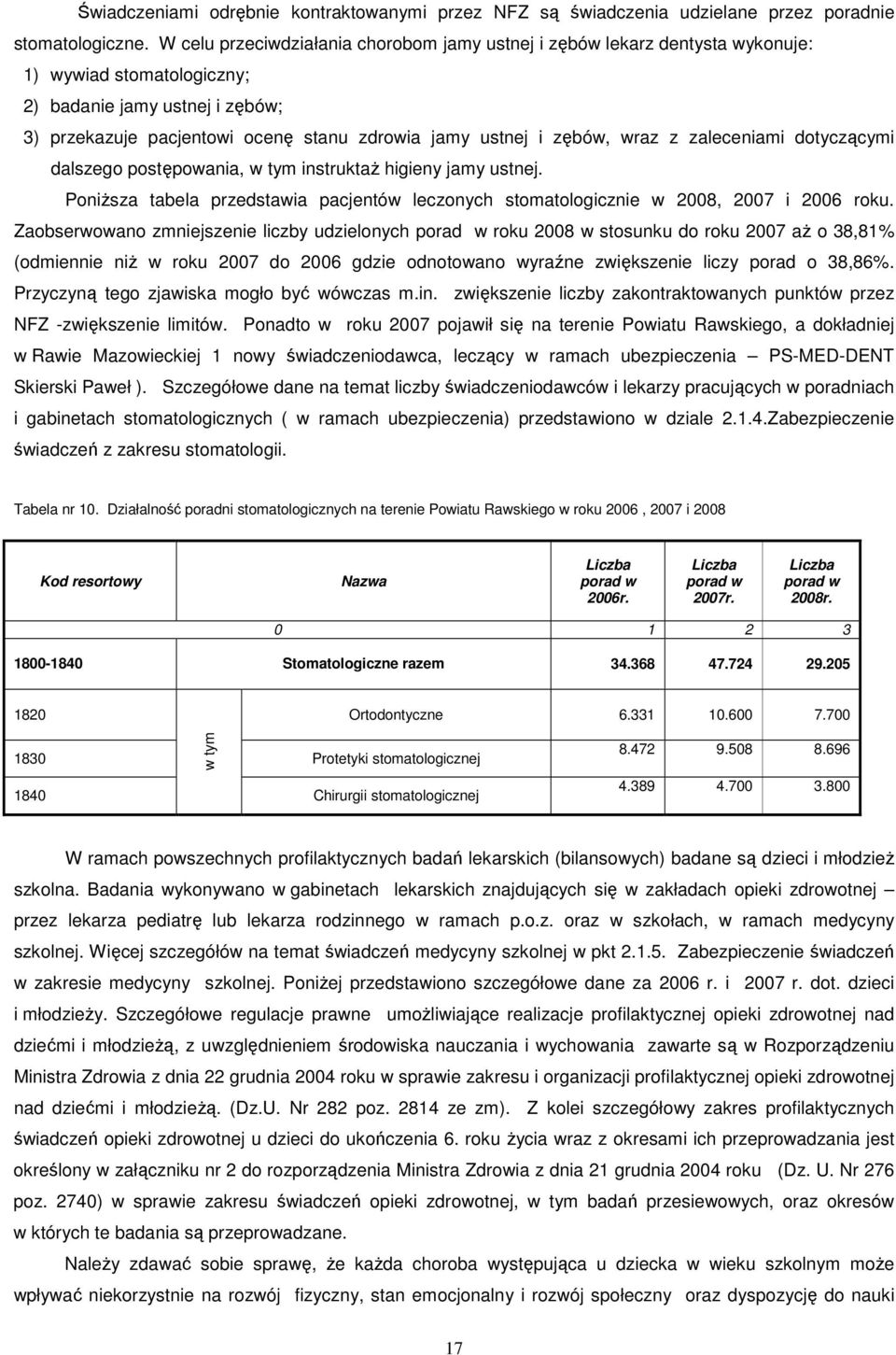 zębów, wraz z zaleceniami dotyczącymi dalszego postępowania, w tym instruktaŝ higieny jamy ustnej. PoniŜsza tabela przedstawia pacjentów leczonych stomatologicznie w 2008, 2007 i 2006 roku.