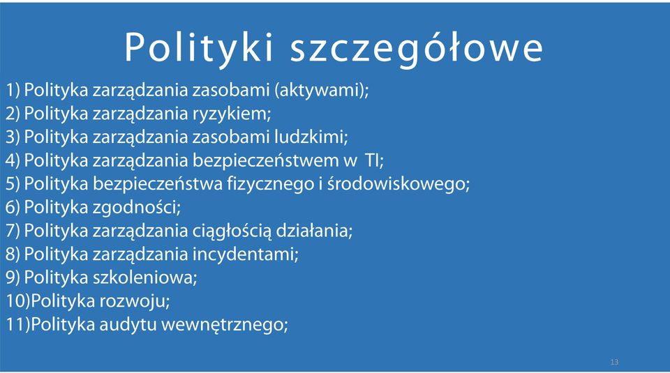 bezpieczeństwa fizycznego i środowiskowego; 6) Polityka zgodności; 7) Polityka zarządzania ciągłością