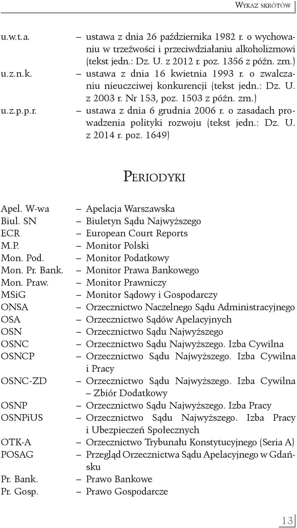 o zasadach prowadzenia polityki rozwoju (tekst jedn.: Dz. U. z 2014 r. poz. 1649) Periodyki Apel. W-wa Apelacja Warszawska Biul. SN Biuletyn Sądu Najwyższego ECR European Court Reports M.P. Monitor Polski Mon.