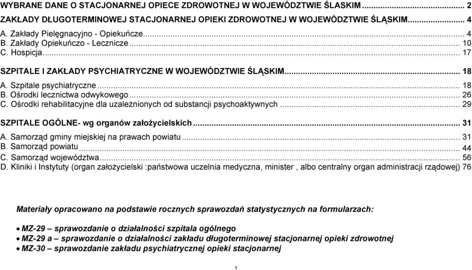 Ośrodki rehabilitacyjne dla uzależnionych od substancji psychoaktywnych... 29 SZPITALE OGÓLNE- wg organów założycielskich... 31 A. Samorząd gminy miejskiej na prawach powiatu... 31 B.