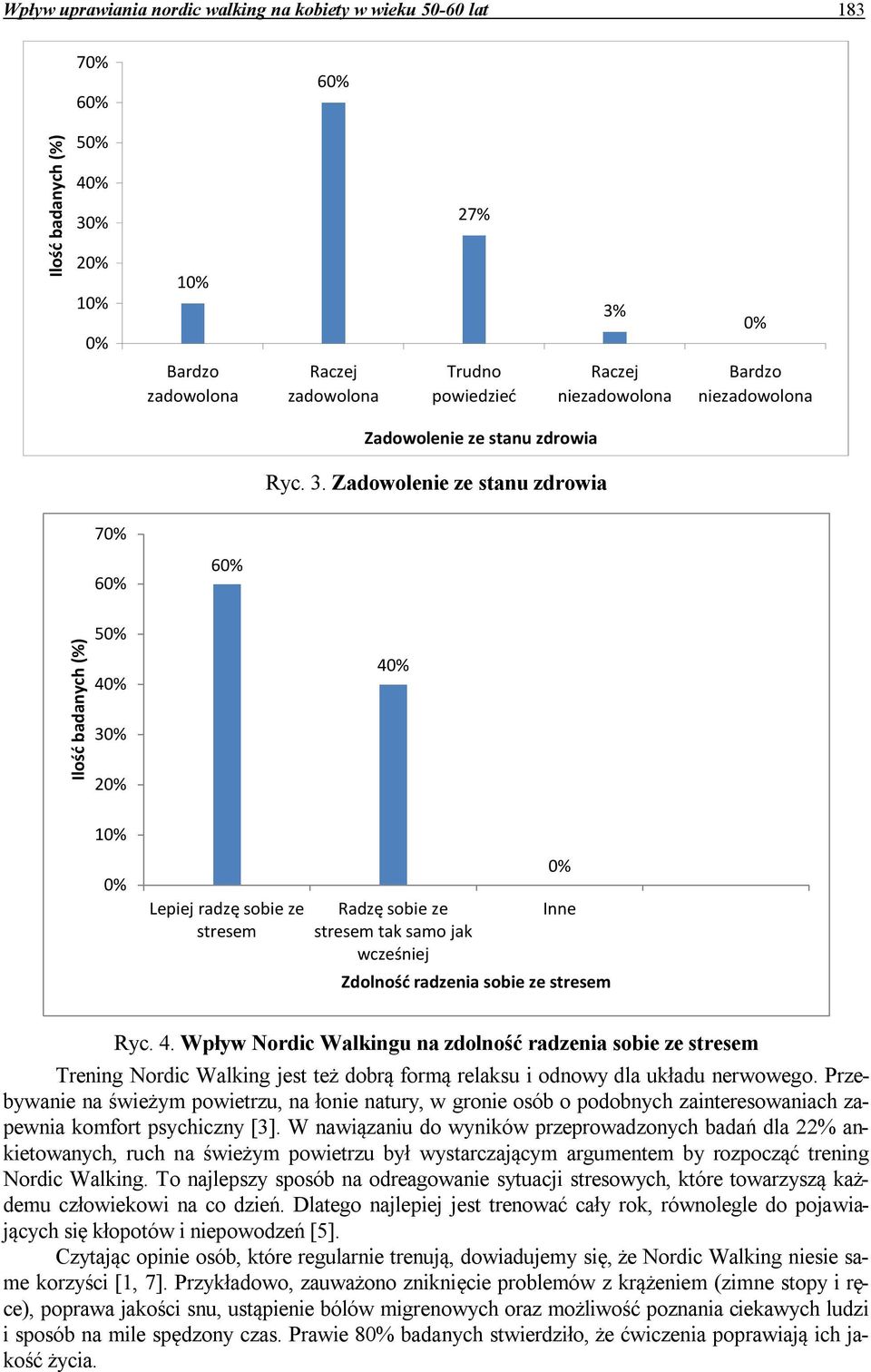 3 2 4 1 Lepiej radzę sobie ze stresem Radzę sobie ze stresem tak samo jak wcześniej Inne Zdolność radzenia sobie ze stresem Ryc. 4. Wpływ Nordic Walkingu na zdolność radzenia sobie ze stresem Trening Nordic Walking jest też dobrą formą relaksu i odnowy dla układu nerwowego.