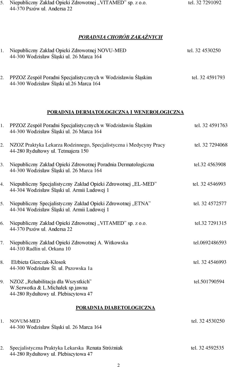 PPZOZ Zespół Poradni Specjalistycznych w Wodzisławiu Śląskim tel. 32 4591763 2. NZOZ Praktyka Lekarza Rodzinnego, Specjalistyczna i Medycyny Pracy tel. 32 7294068 3.