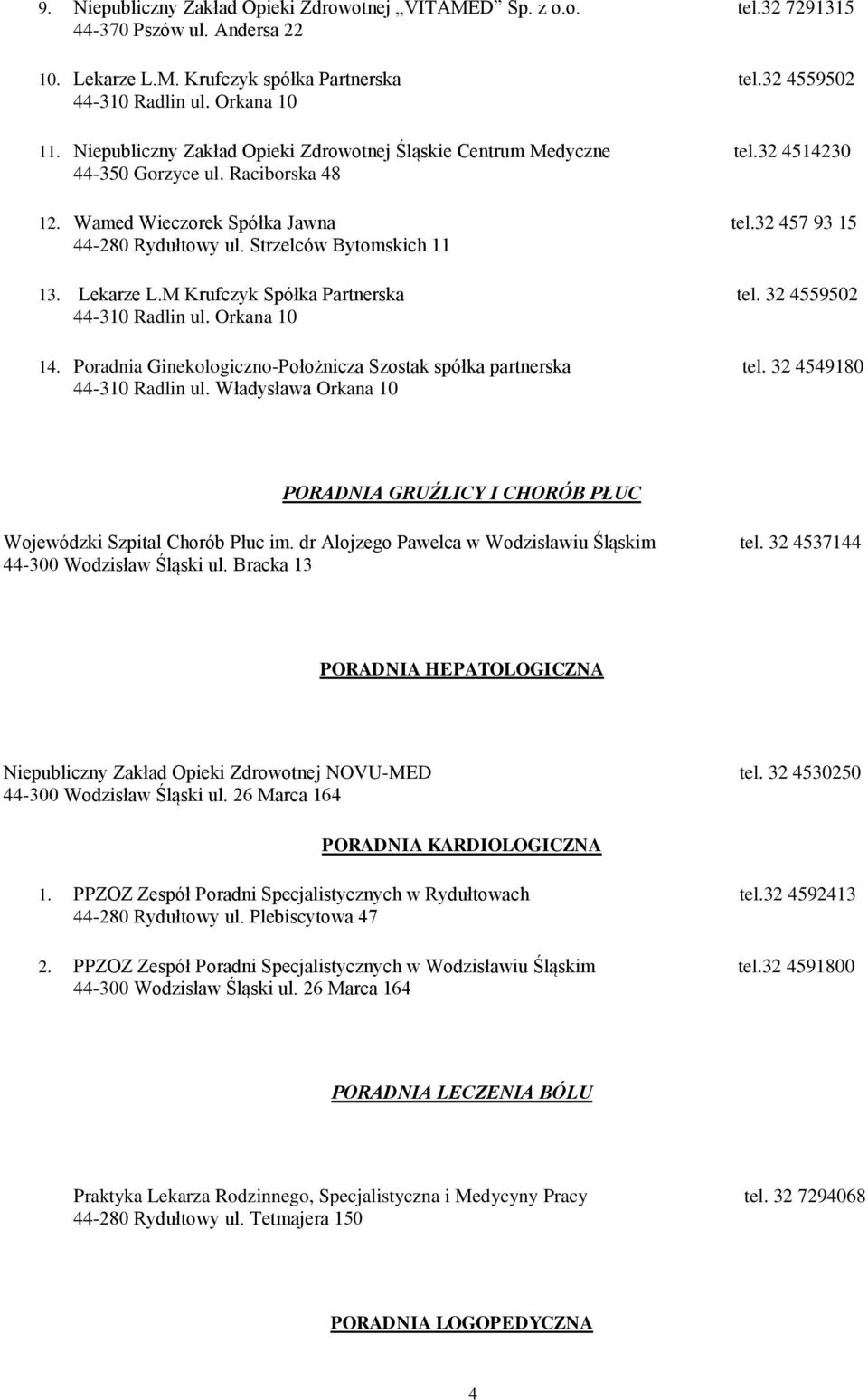 M Krufczyk Spółka Partnerska tel. 32 4559502 14. Poradnia Ginekologiczno-Położnicza Szostak spółka partnerska tel. 32 4549180 44-310 Radlin ul.