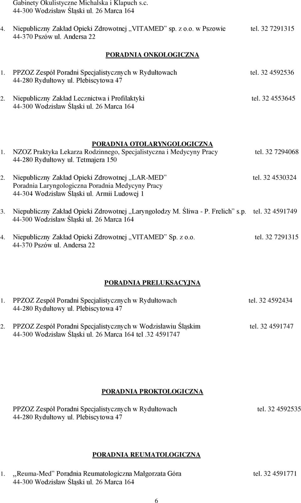 NZOZ Praktyka Lekarza Rodzinnego, Specjalistyczna i Medycyny Pracy tel. 32 7294068 2. Niepubliczny Zakład Opieki Zdrowotnej LAR-MED Poradnia Laryngologiczna Poradnia Medycyny Pracy tel. 32 4530324 3.