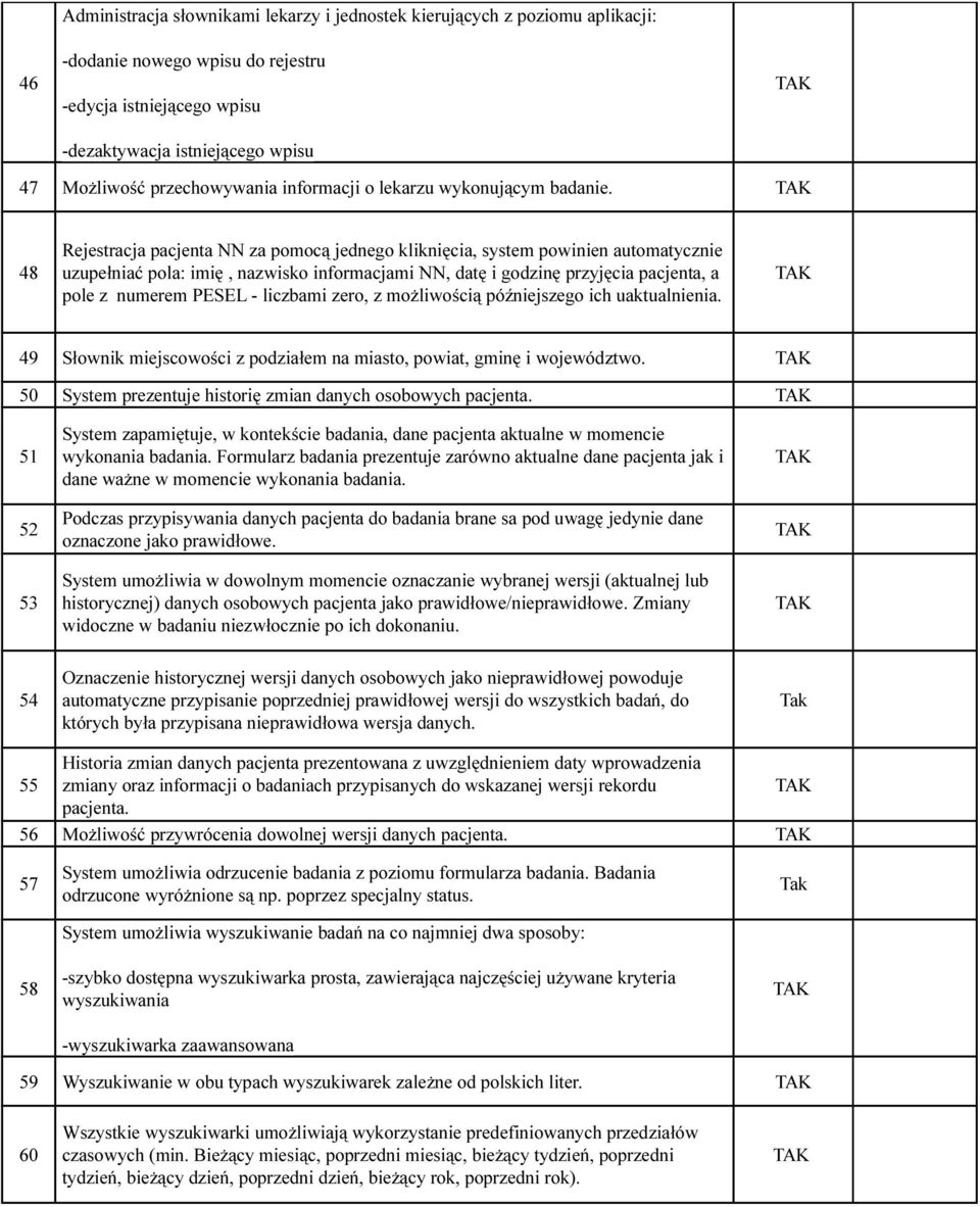 48 Rejestracja pacjenta NN za pomocą jednego kliknięcia, system powinien automatycznie uzupełniać pola: imię, nazwisko informacjami NN, datę i godzinę przyjęcia pacjenta, a pole z numerem PESEL -