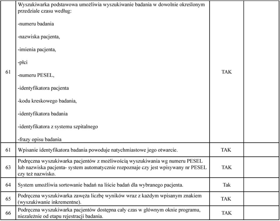 63 Podręczna wyszukiwarka pacjentów z możliwością wyszukiwania wg numeru PESEL lub nazwiska pacjenta- system automatycznie rozpoznaje czy jest wpisywany nr PESEL czy też nazwisko.