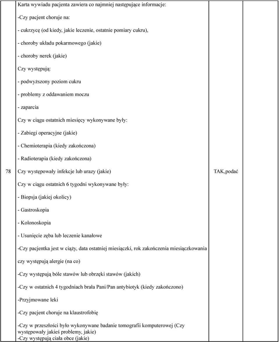 (kiedy zakończona) - Radioterapia (kiedy zakończona) Czy występowały infekcje lub urazy (jakie) Czy w ciągu ostatnich 6 tygodni wykonywane były: - Biopsja (jakiej okolicy) - Gastroskopia -