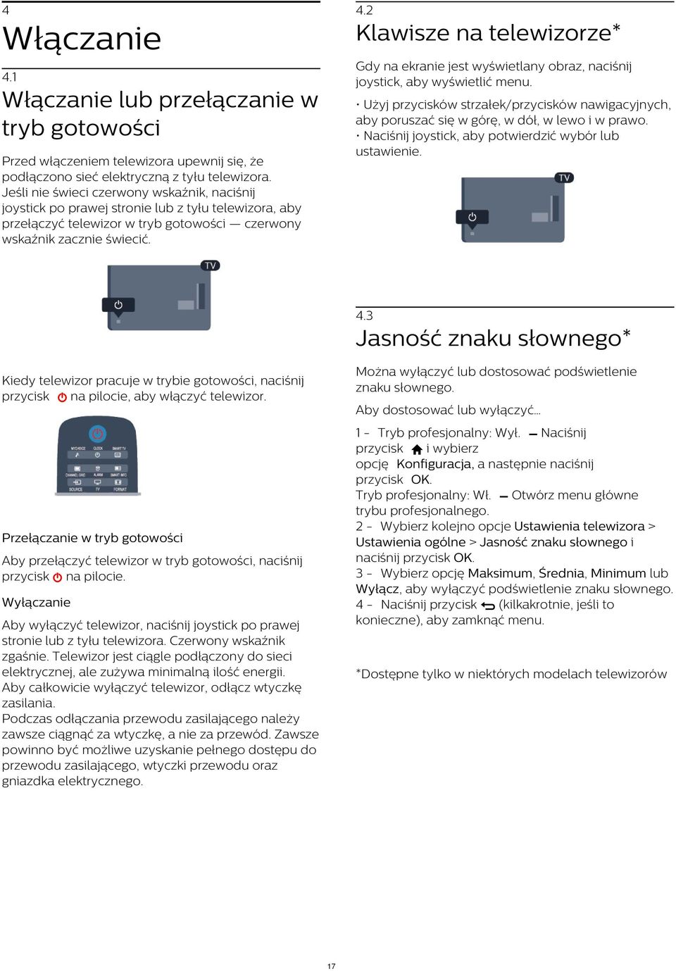 Naciśnij joystick, aby potwierdzić wybór lub ustawienie. Przed włączeniem telewizora upewnij się, że podłączono sieć elektryczną z tyłu telewizora.