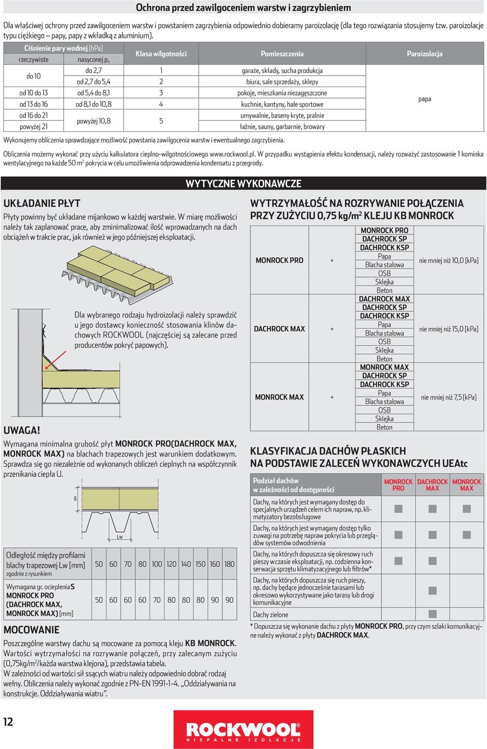 Ciśnienie pary wodnej [hpa] Klasa wilgotności Pomieszczenia Paroizolacja rzeczywiste nasyconej p n do 2,7 1 garaże, składy, sucha produkcja do 10 od 2,7 do 5,4 2 biura, sale sprzedaży, sklepy od 10