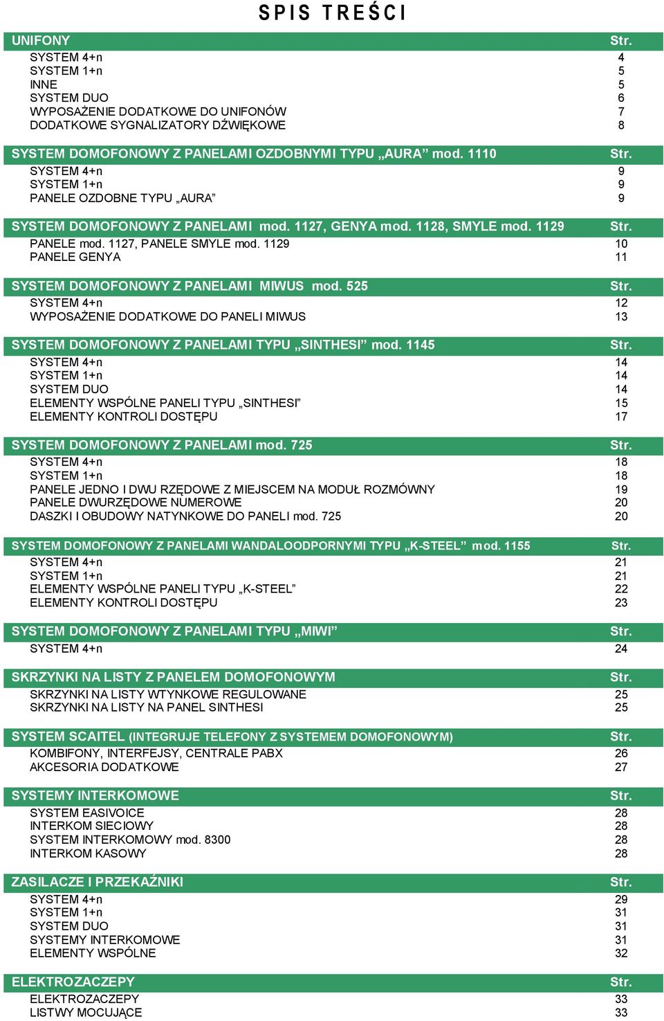 1129 10 PANELE GENYA 11 SYSTEM DOMOFONOWY Z PANELAMI MIWUS mod. 525 Str. SYSTEM 4+n 12 WYPOSAŻENIE DODATKOWE DO PANELI MIWUS 13 SYSTEM DOMOFONOWY Z PANELAMI TYPU SINTHESI mod. 1145 Str.
