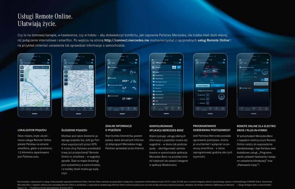 Po wejściu na stronę http://connect.mercedes.me można korzystać z opcjonalnych usług Remote Online 1 : na przykład zmieniać ustawienia lub sprawdzać informacje o samochodzie.