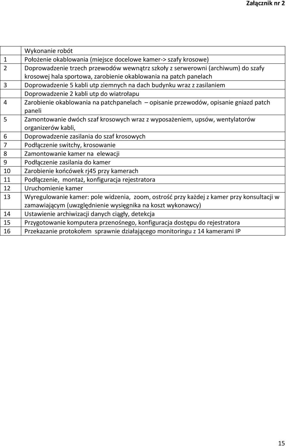 patchpanelach opisanie przewodów, opisanie gniazd patch paneli 5 Zamontowanie dwóch szaf krosowych wraz z wyposażeniem, upsów, wentylatorów organizerów kabli, 6 Doprowadzenie zasilania do szaf