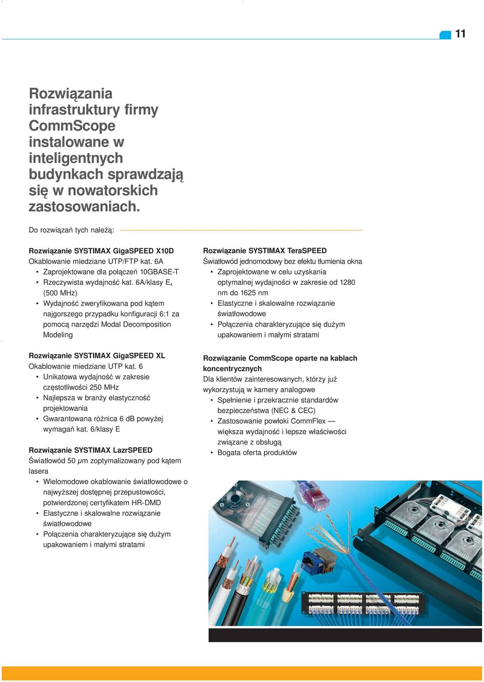 6A/klasy E A (500 MHz) Wydajność zweryfikowana pod kątem najgorszego przypadku konfiguracji 6:1 za pomocą narzędzi Modal Decomposition Modeling Rozwiązanie SYSTIMAX TeraSPEED Światłowód jednomodowy