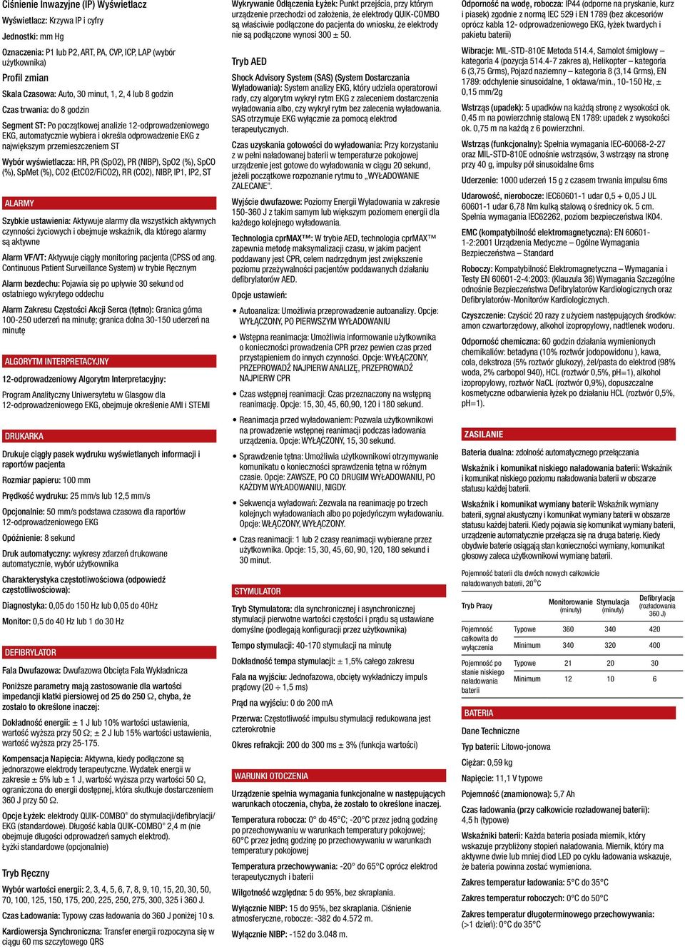 wyświetlacza: HR, PR (SpO2), PR (NIBP), SpO2 (%), SpCO (%), SpMet (%), CO2 (EtCO2/FiCO2), RR (CO2), NIBP, IP1, IP2, ST ALARMY Szybkie ustawienia: Aktywuje alarmy dla wszystkich aktywnych czynności