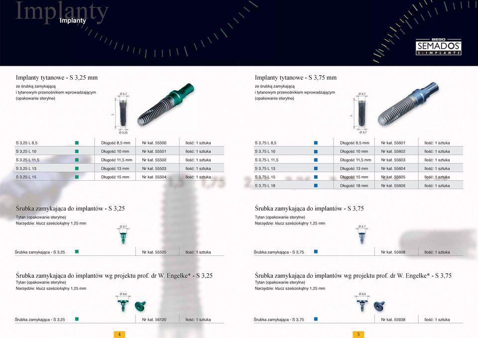 55502 S 3,25 13 Długość 13 mm Nr kat. 55503 S 3,25 15 Długość 15 mm Nr kat. 55504 S 3,75 8,5 Długość 8,5 mm Nr kat. 55601 S 3,75 10 Długość 10 mm Nr kat. 55602 S 3,75 11,5 Długość 11,5 mm Nr kat.