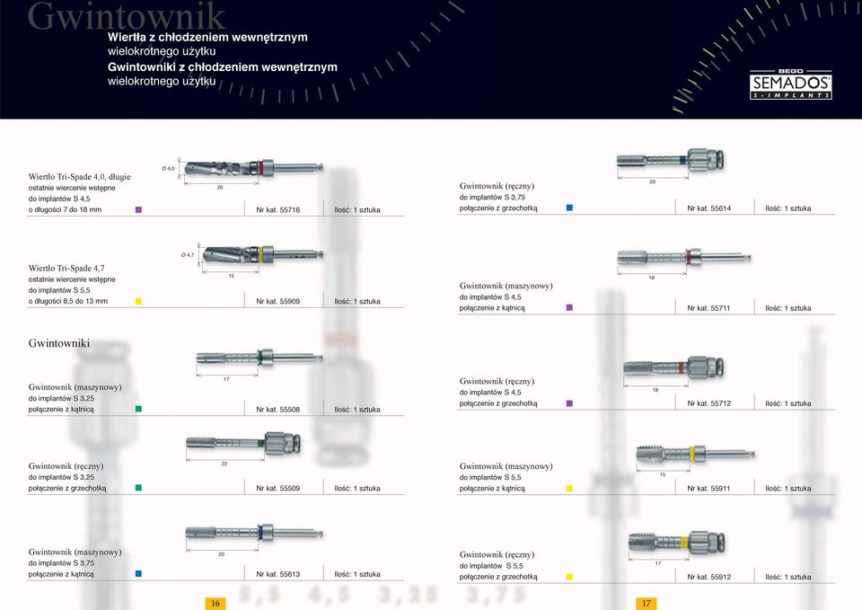 55614 Ø 4,7 Wiertło Tri-Spade 4,7 ostatnie wiercenie wstępne do implantów S 5,5 o długości 8,5 do 13 mm Nr kat. 55909 15 Gwintownik (maszynowy) do implantów S 4,5 połączenie z kątnicą Nr kat.