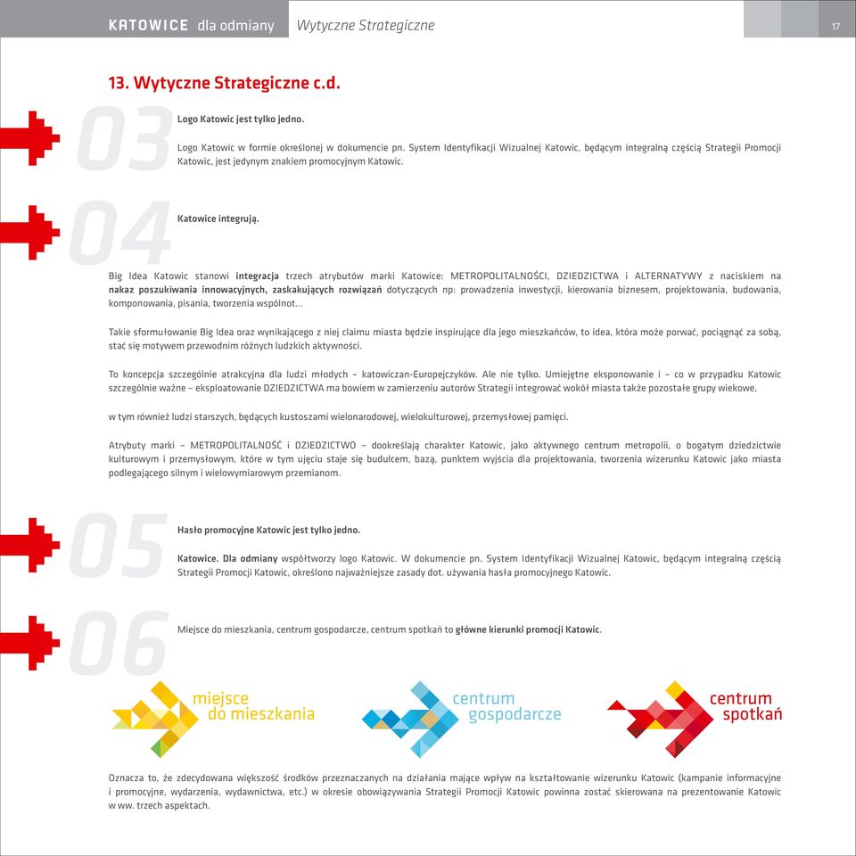 Big Idea Katowic stanowi integracja trzech atrybutów marki Katowice: METROPOLITALNOŚCI, DZIEDZICTWA i ALTERNATYWY z naciskiem na nakaz poszukiwania innowacyjnych, zaskakujących rozwiązań dotyczących