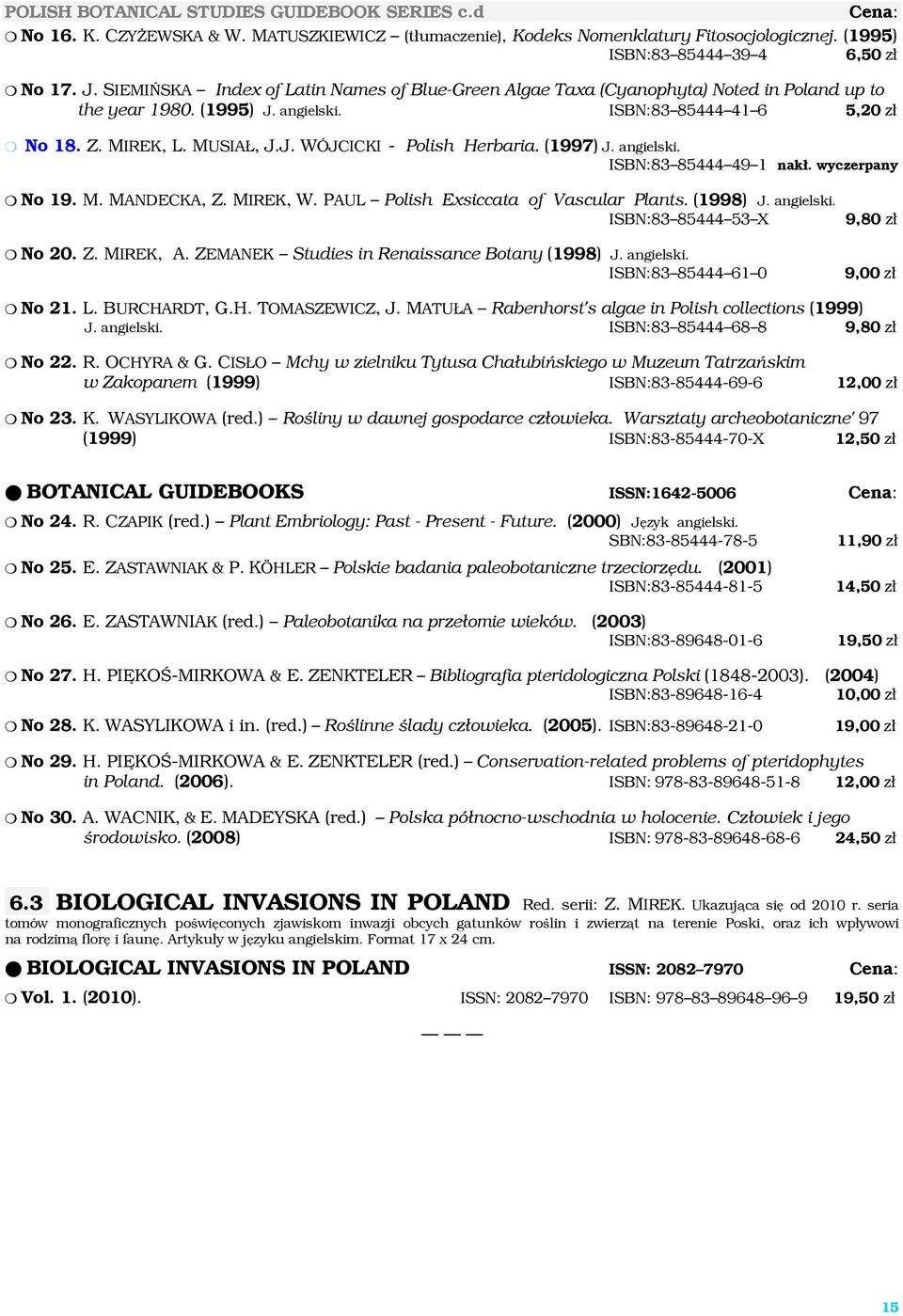 (1997) J. angielski. ISBN:83 85444 49 1 nakł. wyczerpany No 19. M. MANDECKA, Z. MIREK, W. PAUL Polish Exsiccata of Vascular Plants. (1998) J. angielski. ISBN:83 85444 53 X No 20. Z. MIREK, A.