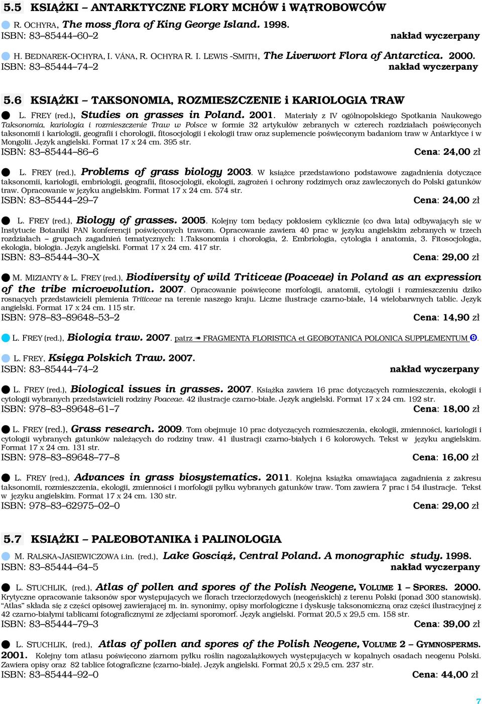 Materiały z IV ogólnopolskiego Spotkania Naukowego Taksonomia, kariologia i rozmieszczenie Traw w Polsce w formie 32 artykułów zebranych w czterech rozdziałach poświęconych taksonomii i kariologii,