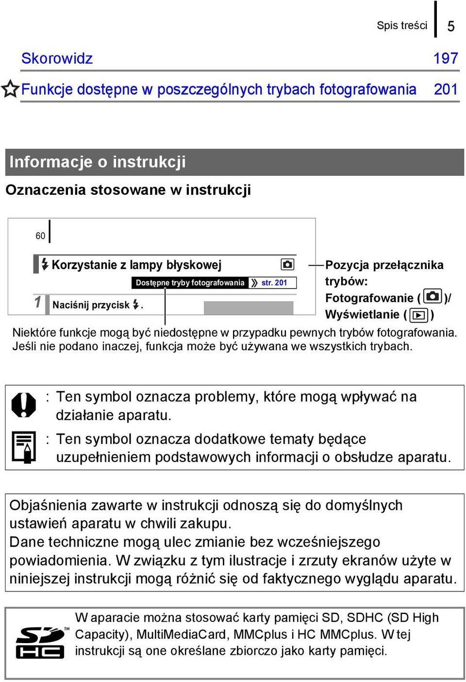 Jeśli nie podano inaczej, funkcja może być używana we wszystkich trybach. : Ten symbol oznacza problemy, które mogą wpływać na działanie aparatu.