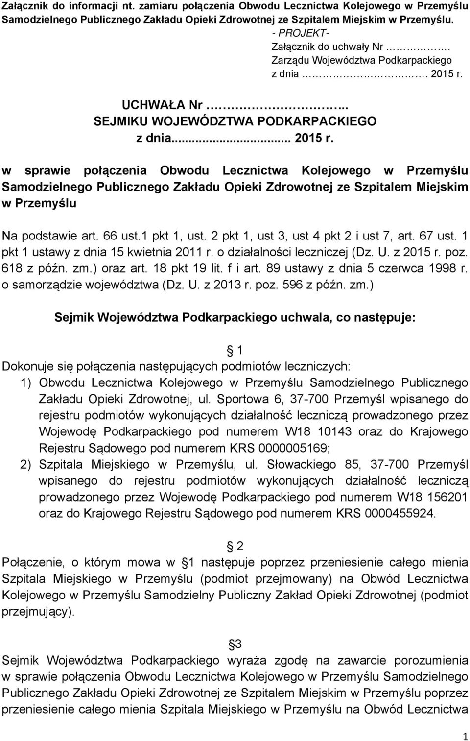 UCHWAŁA Nr.. SEJMIKU WOJEWÓDZTWA PODKARPACKIEGO z dnia... 2015 r.